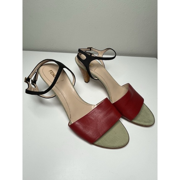 Fendi Women's Italian Red‎ Leather Strap Cork Heel Sandals Sz 39 US 9 *READ* - Picture 1 of 12